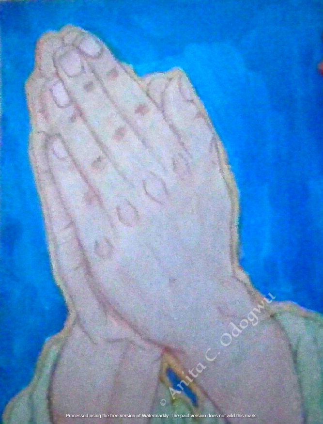 Oil pencil drawing of praying hands set against a watercolor background by Anita C. Odogwu